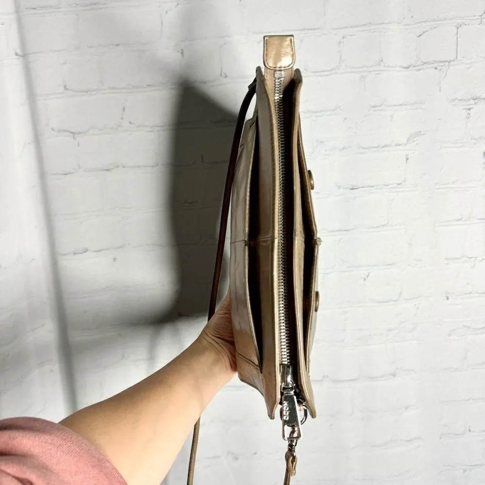 HOBO International Taupe Shiny Crackle Leather Clutch Shoulder Bag Every Day Bag